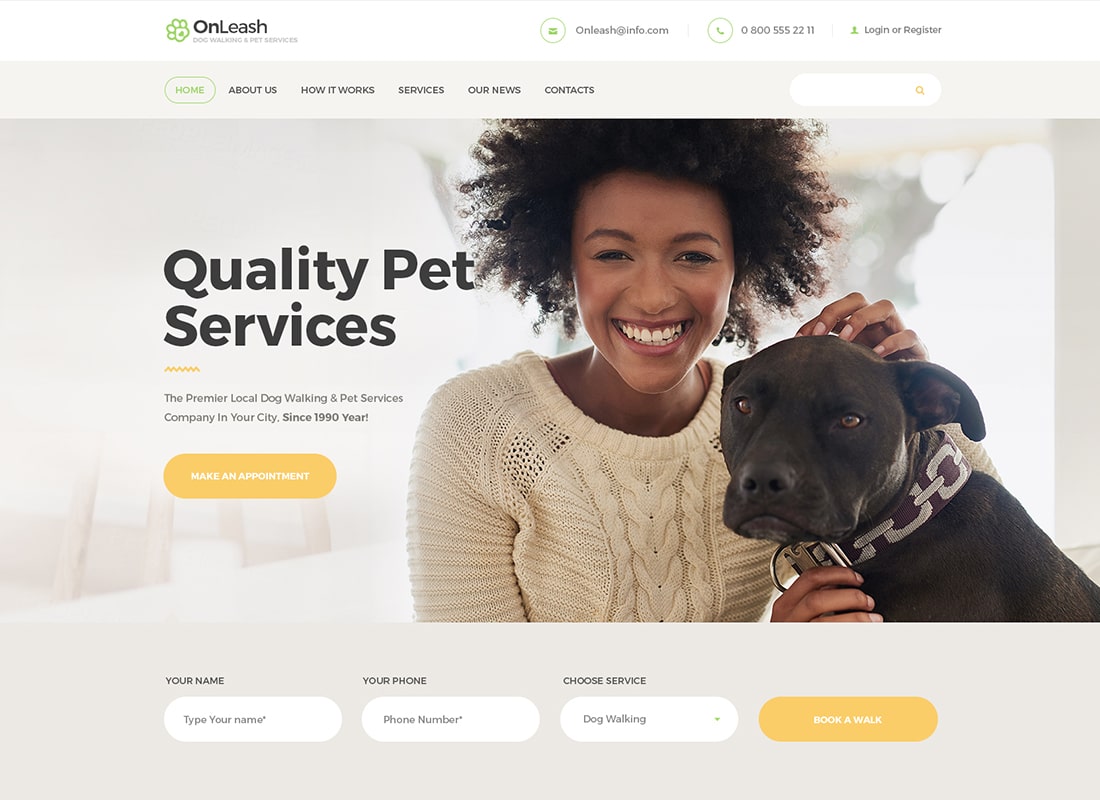 OnLeash | Dog Walking & Pet Services WordPress Theme Website Template