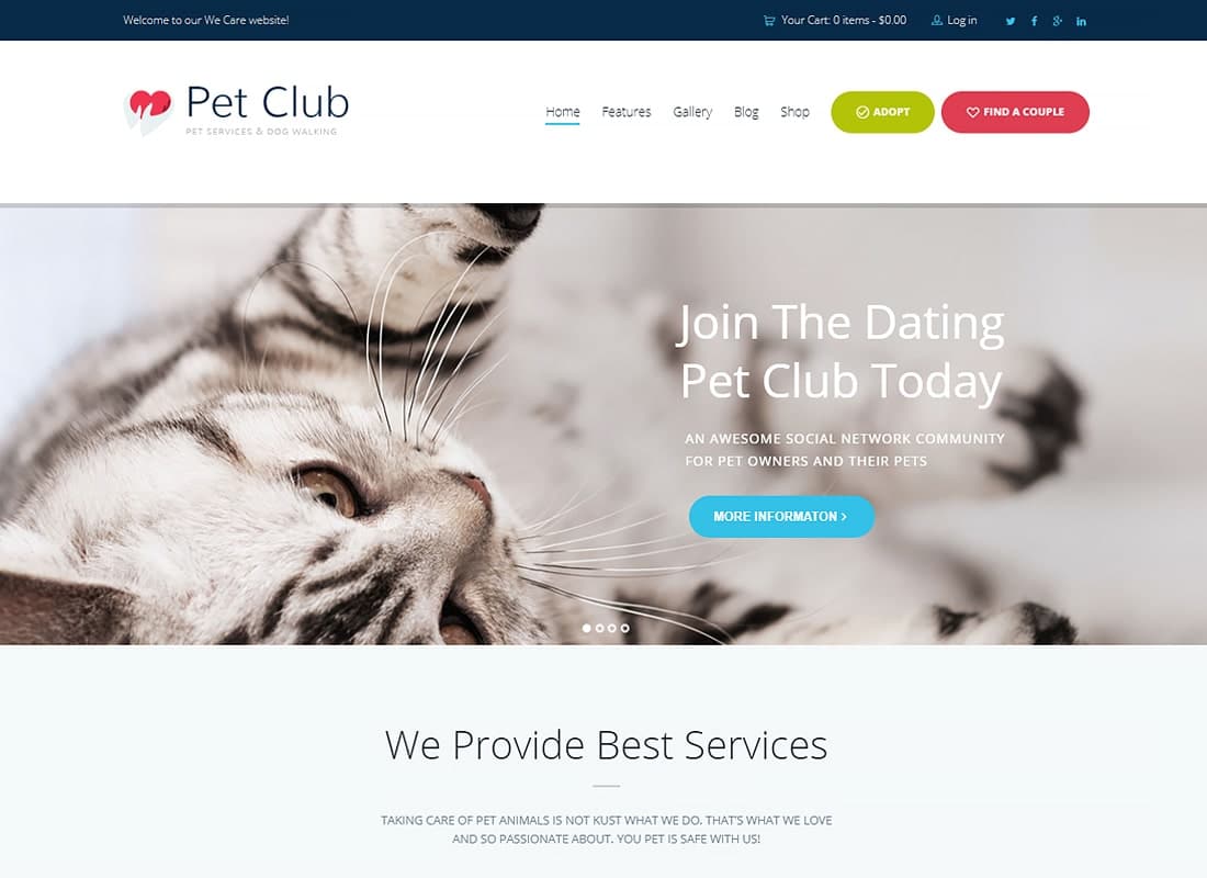 Pet Club - Services, Adoption, Dating & Community WordPress Theme Website Template