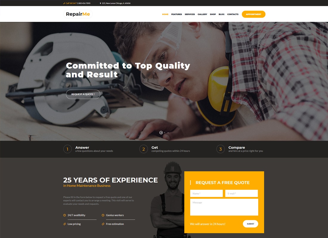 RepairMe - A Vibrant Construction & Renovation WordPress Theme Website Template