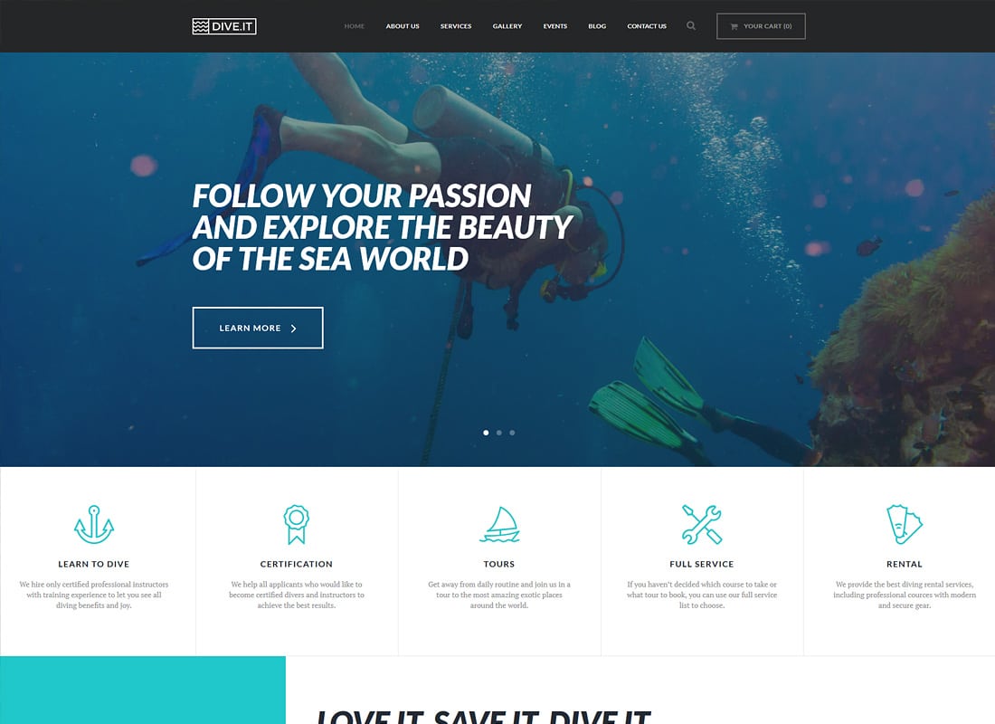 DiveIt - Scuba Diving School, Sea Adventure & Travel WordPress Theme Website Template